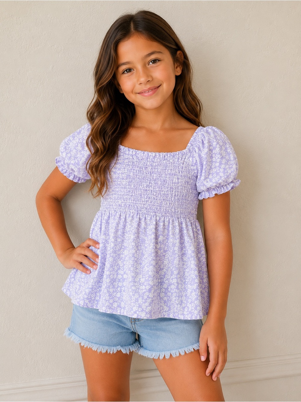 Girls Medium 8 Cat & Jack Lilac Floral Smocked Puff Sleeve Cottagecore Blouse